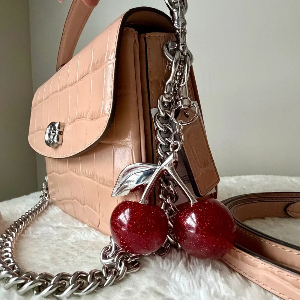 NWT Coach Embossed Croc Leather Cassie 19 bag in beige with cherry charm - Picture 2 of 15
